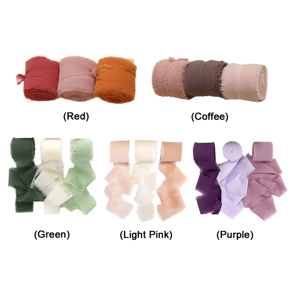 

3-рулонная шифоновая шелковая лента, однотонная лента с потертыми краями, износостойкая лента с кисточками «сделай сам», для упаковки свадебных приглашений, букета