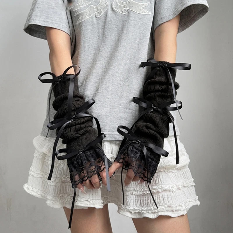 العصرية الحلو متماسكة القوس أكمام أذرع تبريد الديكور الدافئة قفازات طويلة أصابع انفصال اليد الأكمام للفتيات لوليتا اكسسوارات