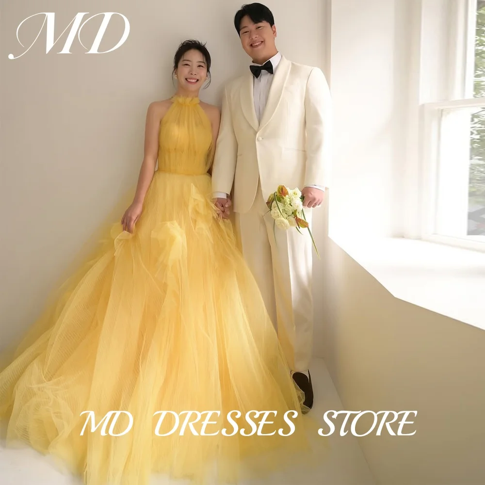 

MD Fairy Yellow Tulle Halter Wedding Party Dress Korea Photoshoot Floor Length Birthday Party Dress Customised 2025 Evening Gown