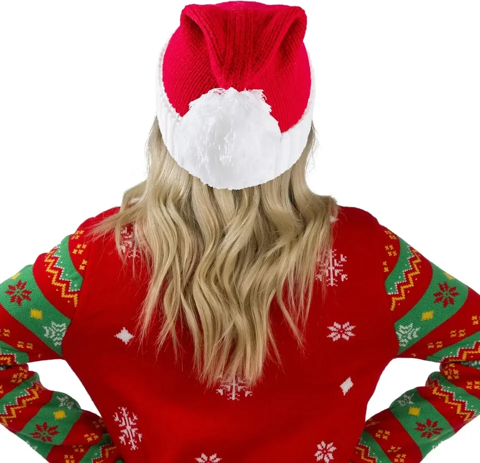 Giggling Getup Santa Hat with Pom Poms, Red Knitted Christmas Hat for Party Dress Up, image 6
