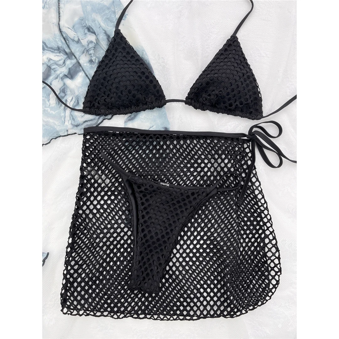 Neu mit Rock, Neckholder, Netzstoff, Fischernetz-Bikini, Damen-Badeanzug, Damen-Bademode, dreiteiliges Bikini-Set, Badeanzug, Badebekleidung, Schwimmanzug V4596 – Detail 32