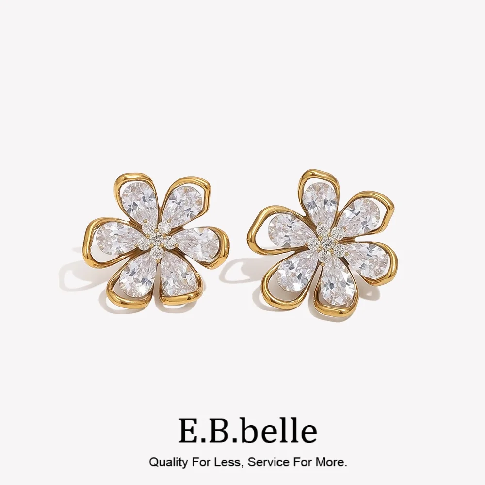 E.B.belle Sparkly Flower CZ Statement Stud Earrings 18K Gold Plated Stainless Steel Hollow Floral Earrings Elegant Women Jewelry