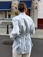 Wolfeel 100% Cotton New Autumn Tie Belted Shirt Women's  Floating Ribbon Cardigan Top Commuting Slim Blouse - Image 4