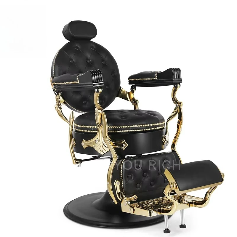 Vintage Beauty Salon Furniture Luxurious Black Gold Hair Salon Chair Hydraulic Large Pump Barber Chair for Sale
