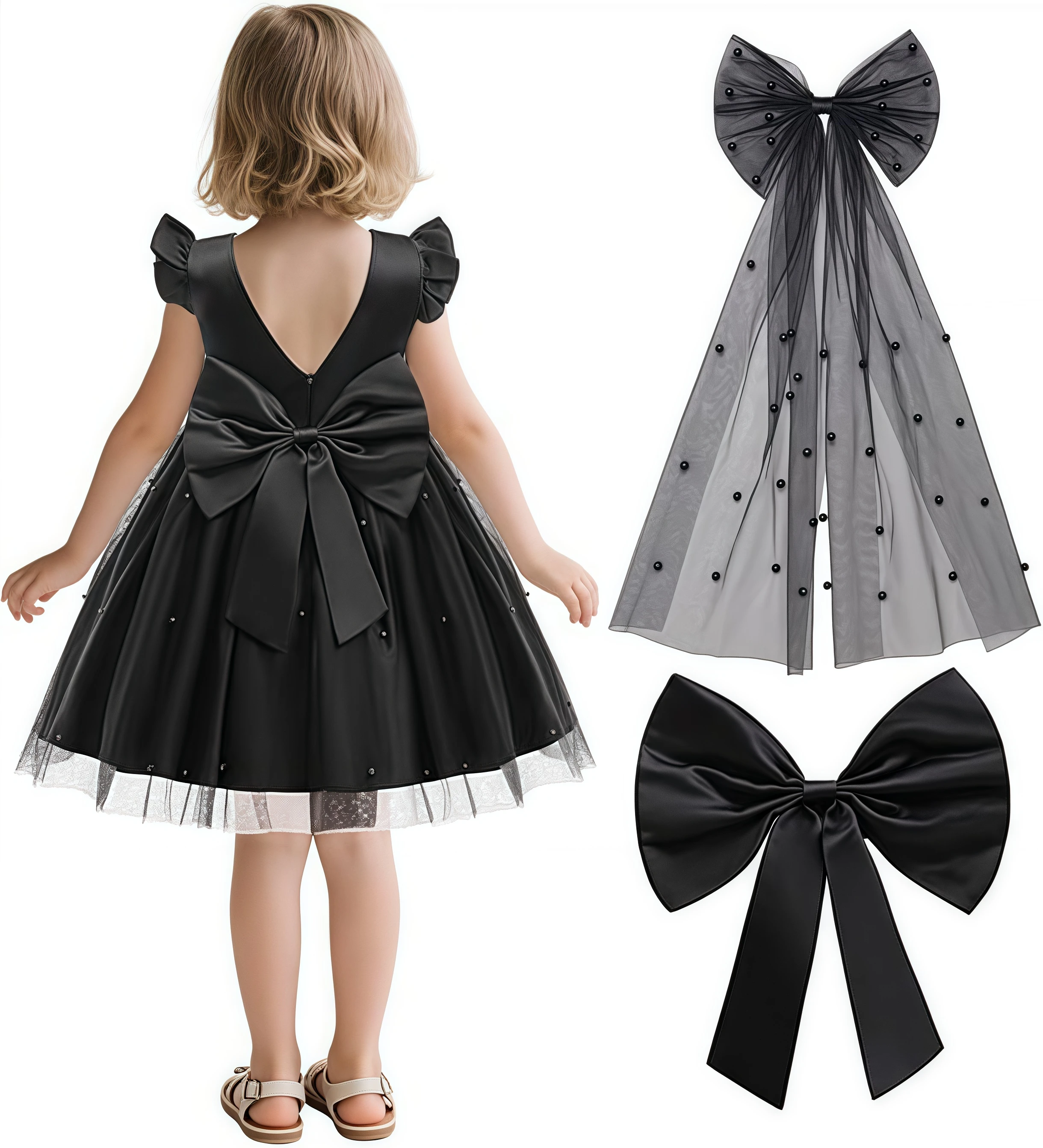 

Toddler Flower Girl Pearls Princess Dress With Big Bow Hairpin For Children Wedding Party Birthday Banquet First Communion Gown
