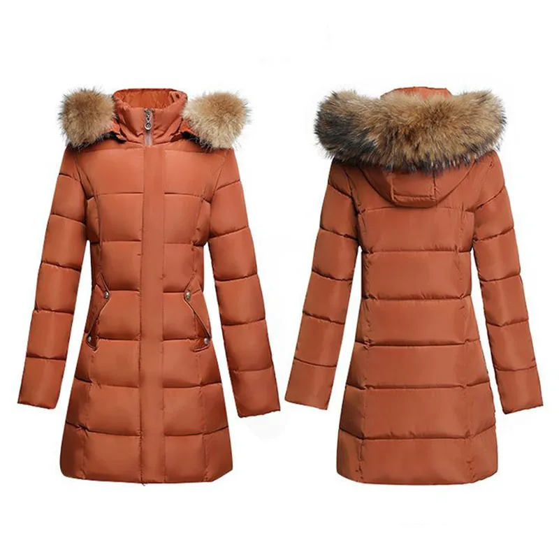 

Slim-fit Casual Down Women's Winter New Fashion Fur Collar Long Coat Warm Poose Pocket Down Cotton-padded Women