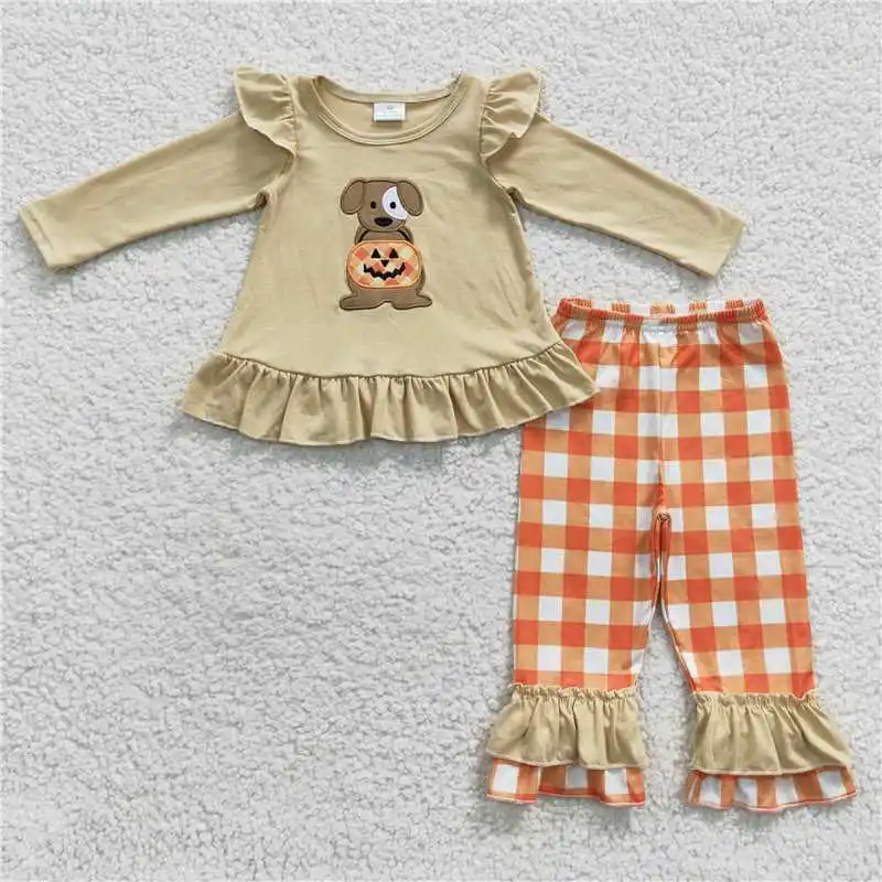 Ensemble de pantalons à manches longues pour filles, chiot brodé, Jack O-Lantern, plaid, beige, Halloween