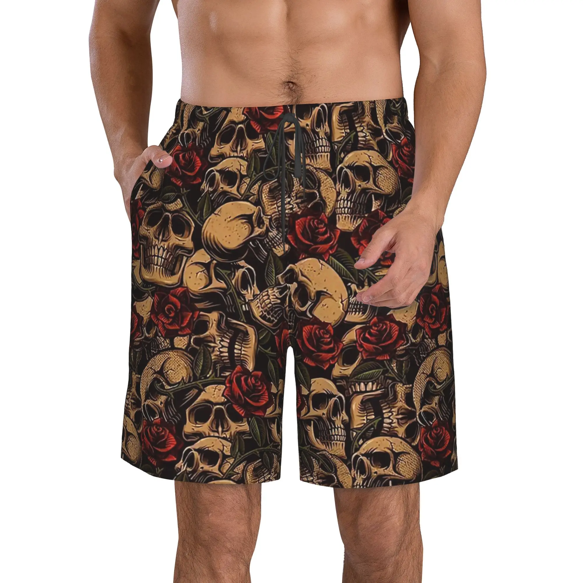Skulls & Roses Pattern Trunks Beach Board Shorts Casual Quick Dry Swim Summer Men Pants