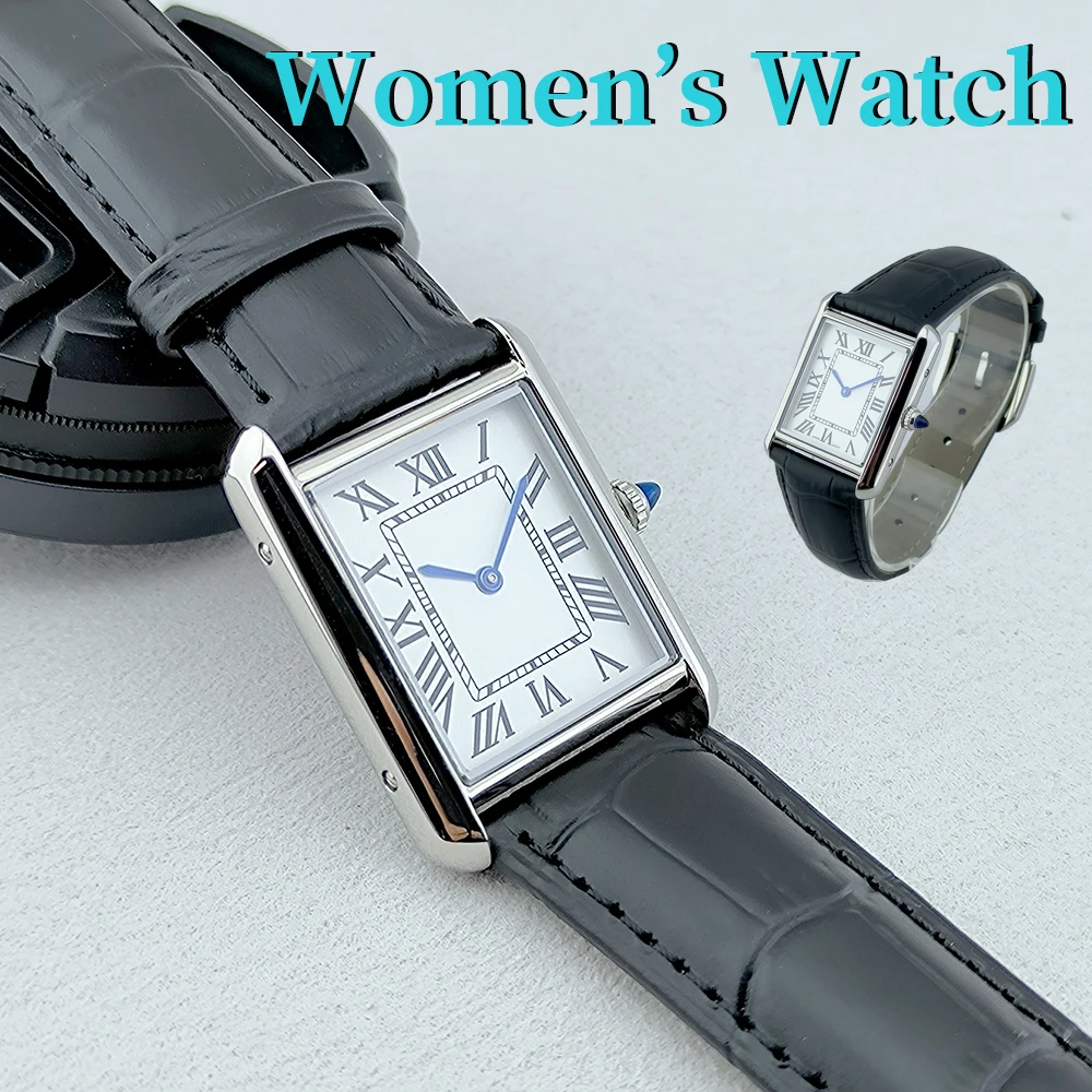 27mm Men's Roman Square Case Customized Dial Logo with Window Black Strap Women's Watch Quartz Movement