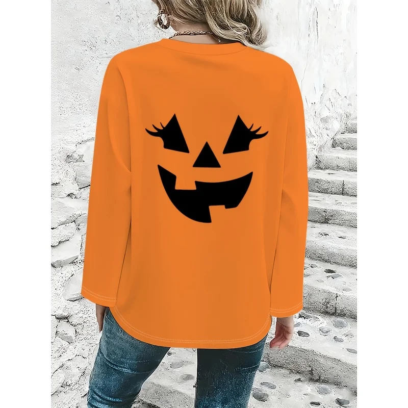 Halloween Pumpkin Smiley Face Print Women's Long SleeveVCollarTTrendy casual versatile everyday top