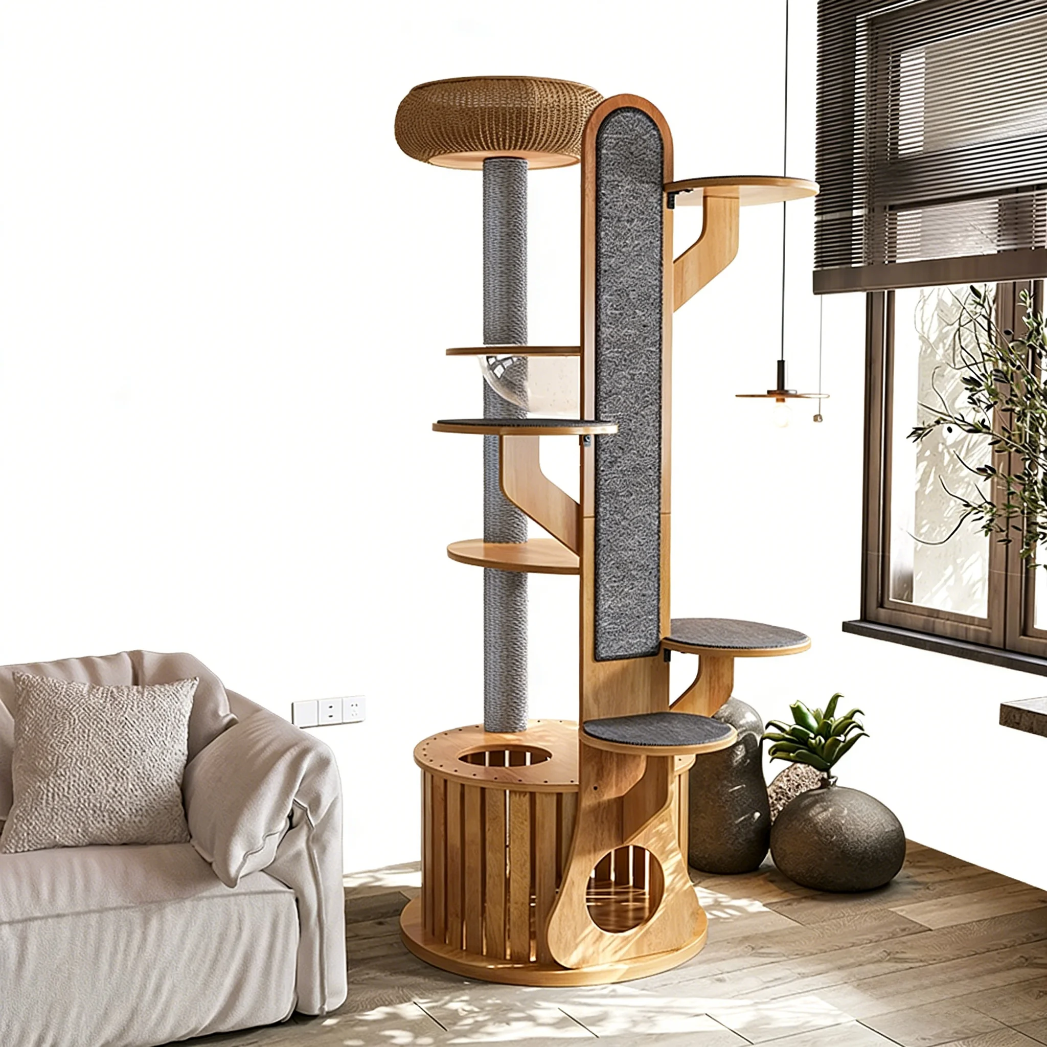 Platform Solid Wooden Frame Pet Scratching Board Kraft Paper Rope Pole Sisal Post Rubber Wood Cat Tree Tower