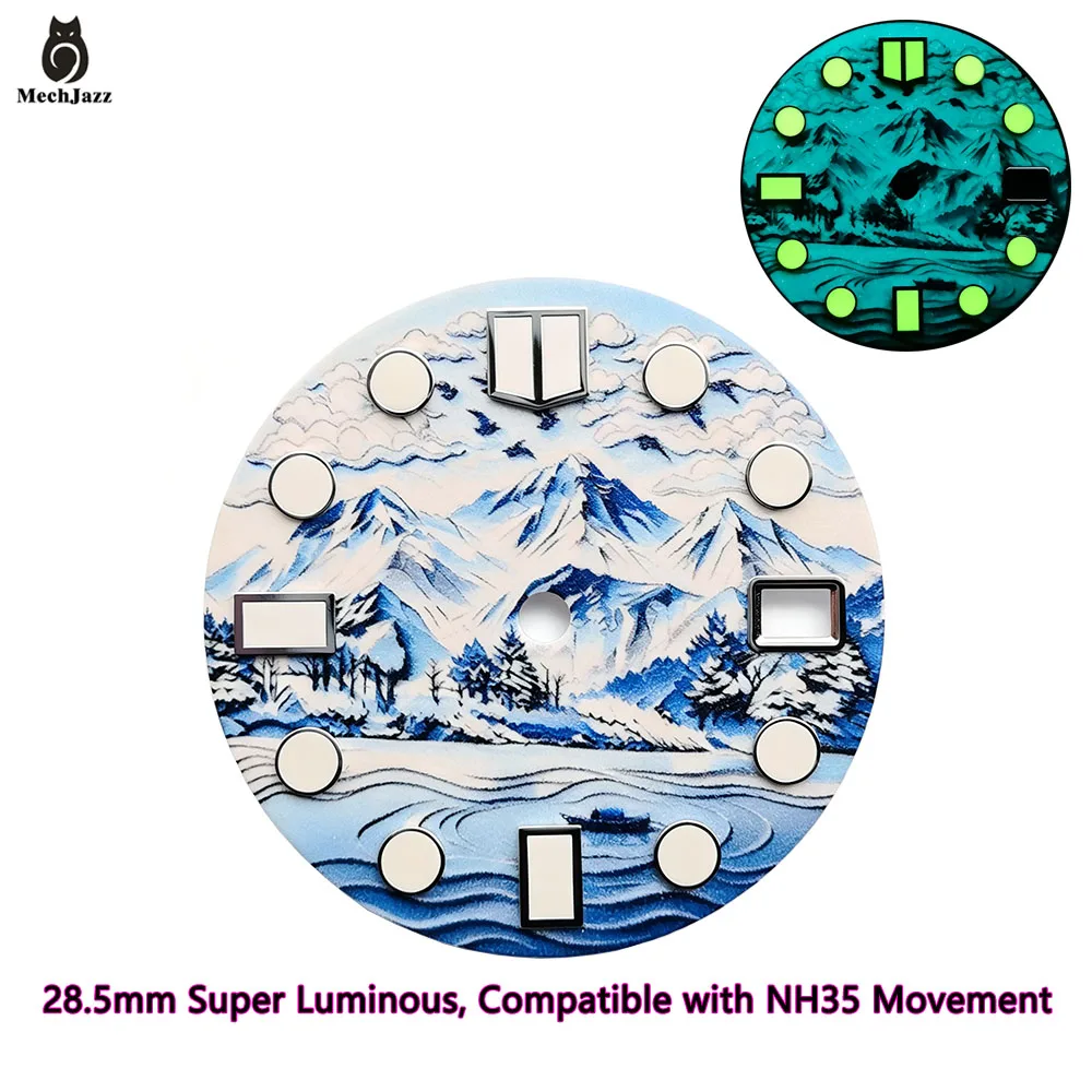 MechJazz 28.5mm Snow Mountain Landscape Pattern Watch Dial Super Luminous Dial For NH35 NH36 Automatic Watch Mod Parts