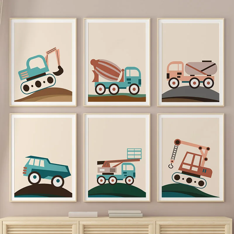 Child Poster Cartoon Tractor Truck Excavator Crane Canvas Painting Nursery Wall Art Print Nordic Wall Pictures Boys Room Deco