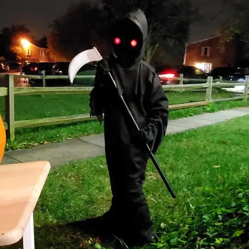Meninos meninas grim reaper cosplay com chapéu máscaras olhos luminosos morte gancho foice festa terror traje de halloween cmmn11