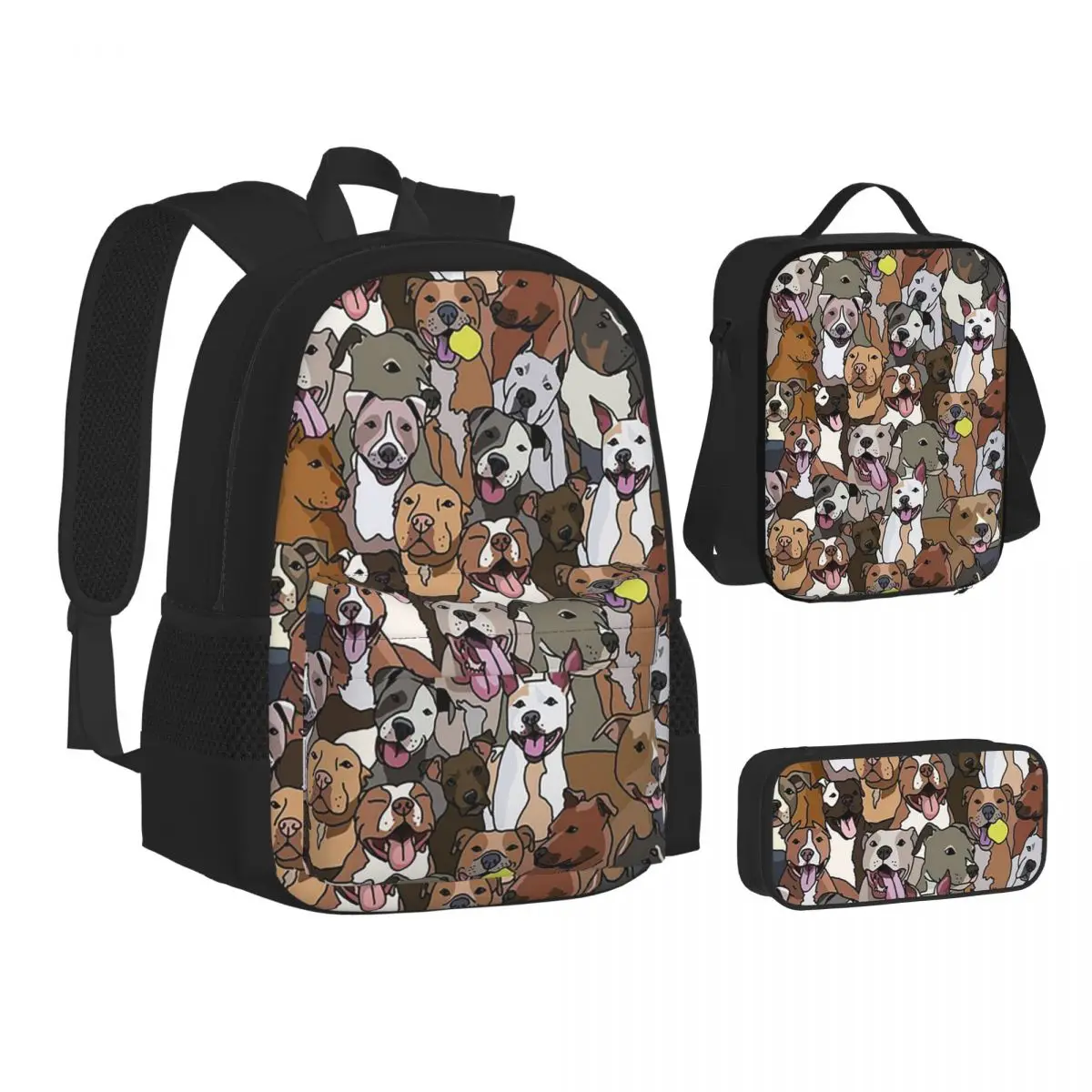 Pitbull Dog Pattern All The Mutts Backpacks  Bookbag Children School Bags Kids Rucksack Lunch Bag Pen Bag Three-Piece Set