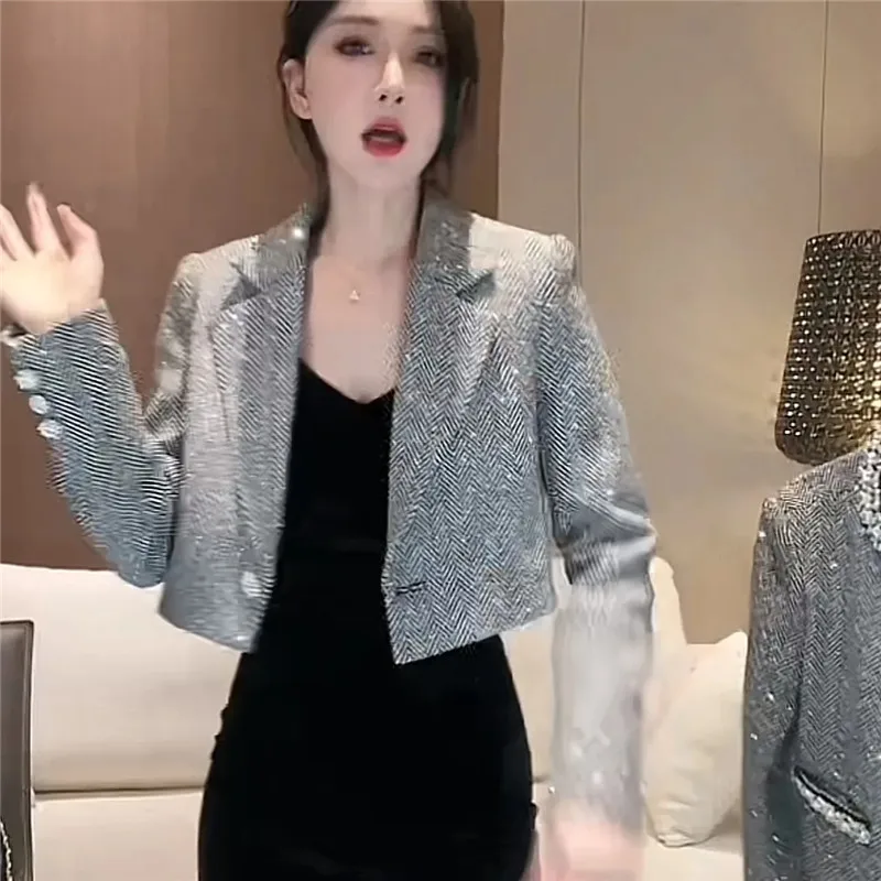 French Elegant Sequins Short Blazer Women's Fragrance Coat Spring Fashion New Jacket Western Female Style Temperament Outwear
