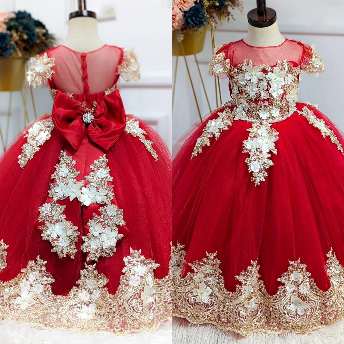 

Customized Red Flower Girl Dress For Wedding Appliques Floor Length Princess First Communion Quinceanera Birthday Gown
