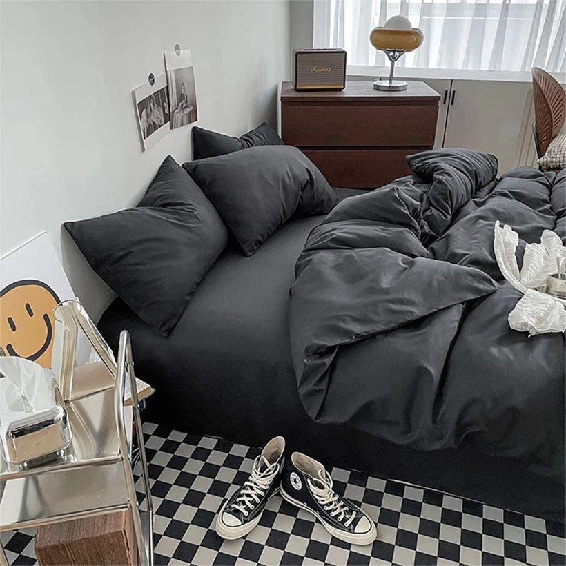 Ins Solid Color Simple Boys And Girls Bedroom Washed Cotton Duvet Cover Pillowcase Bed Cover Simple Fashion Sheet Set