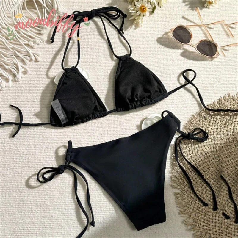 Sexy 3D Flower Black Triangle Bikinis Set Micro Thong Swimsuits Women String Halter Bathing Suit Bikini Mujer Biquinis Swim