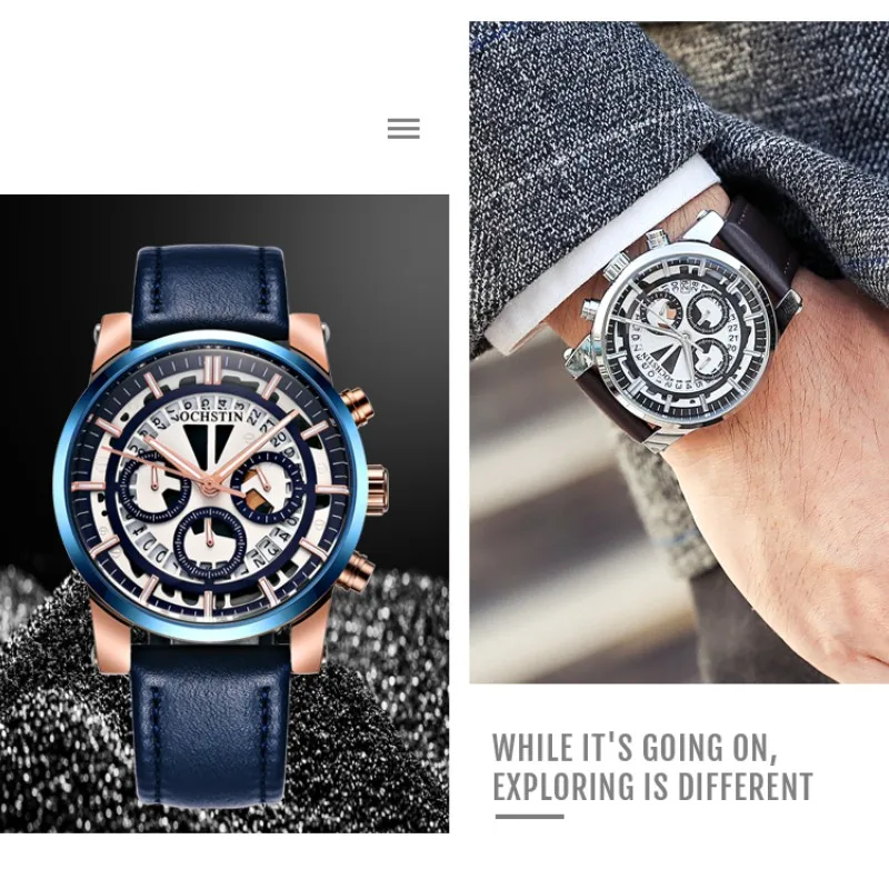 Hollow Pilot Series Calendar cronografo orologio da polso in pelle luminoso Sport impermeabile orologio da uomo d'affari moda