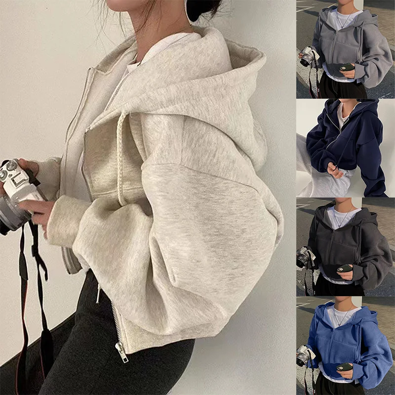 La nuova felpa con cappuccio da donna in pile 2024, versatile e alla moda, corta, sottile, con cerniera, calda e tinta unita