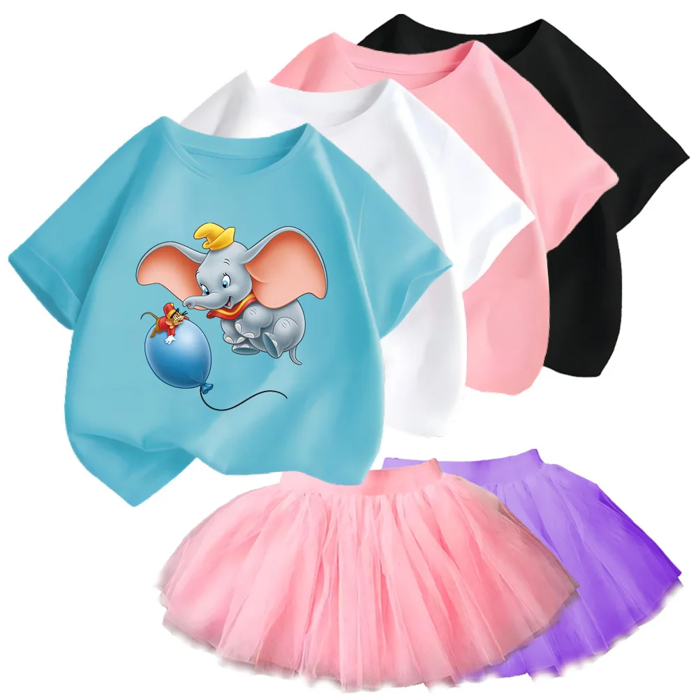 Mini cute Dumbo cartoon print dress Princess Tutu Baby Birthday Party Girl skirt Elastic dress Summer fresh skirt Light and grac