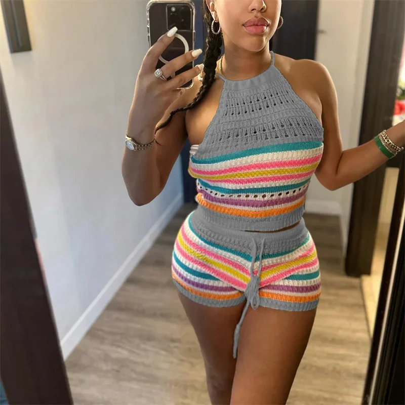 Women Suits Hhanging Neck Lace-up Sleeveless Backless Tops Female Casual Knitted Rainbow Stripes Two Piece Sets Slim Fit Shorts