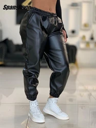 Winter Women Faux Leather Pants Elastic Waist Pu Leather Jogger Pants With Pockets Black Leggings Pants  ouc1631