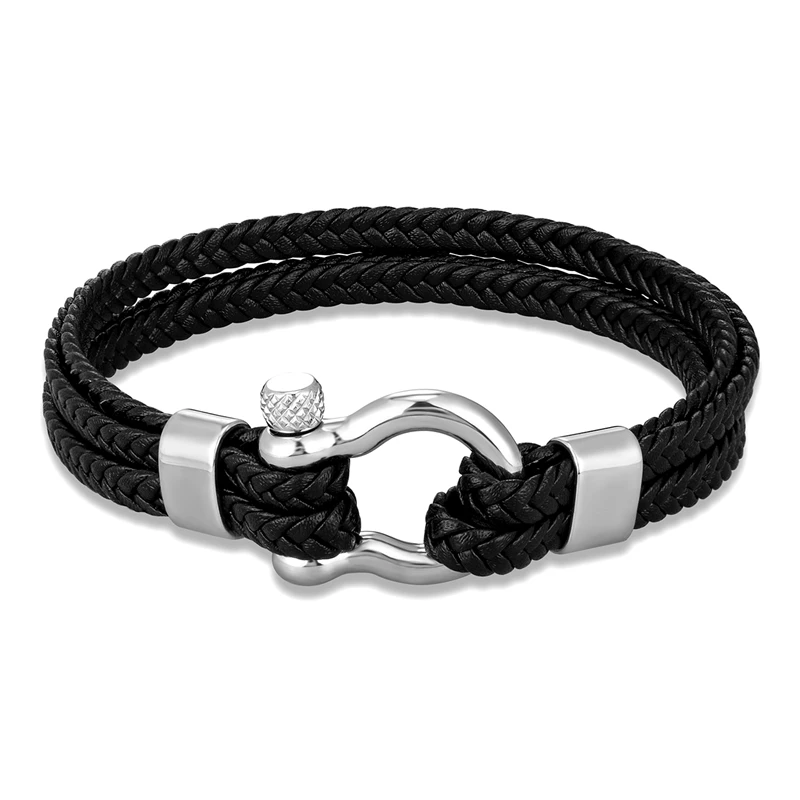 MKENDN Bow Shape Shackle Bracelet Double-layer Woven Leather Bracelet For Men Women Stainless Steel Horseshoe Clasp with Screw