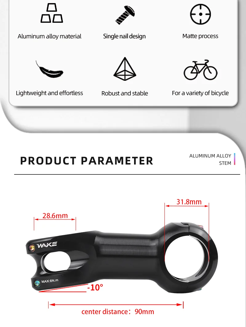 Wake Rennrad Fahrradzubehör Vorbau Lenkervorbau 31,8 mm 10-Grad-Aluminiumlegierung Leicht für Radfahren Silberner Vorbau – Detail 2