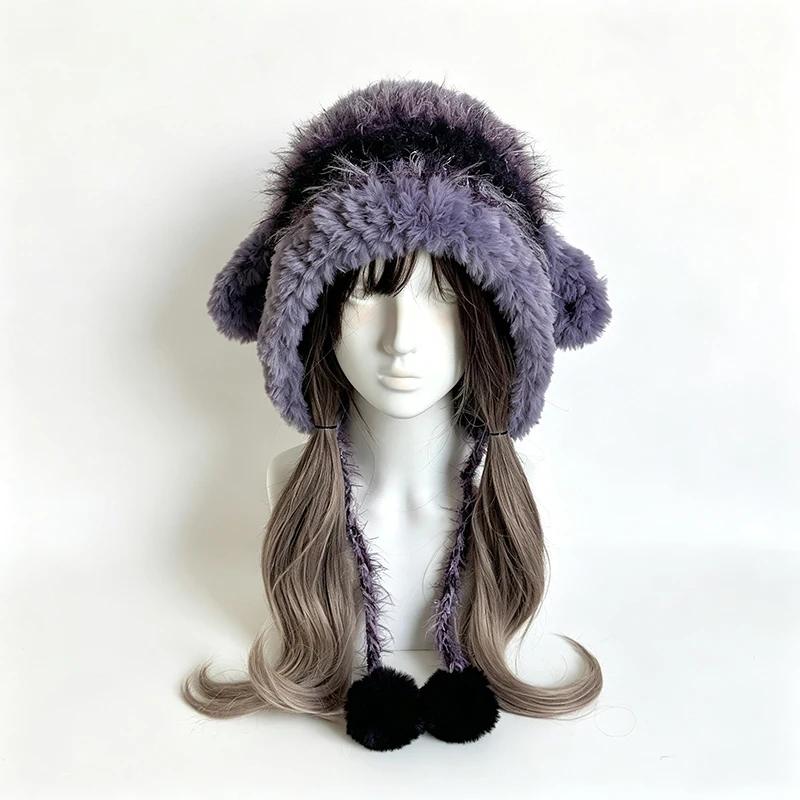 Handmade Purple Lamb Sheep Ear Hat Women Winter Warm Custom Crochet Soft Pom Knitted Beanie Men Cosplay Halloween Gothic Caps