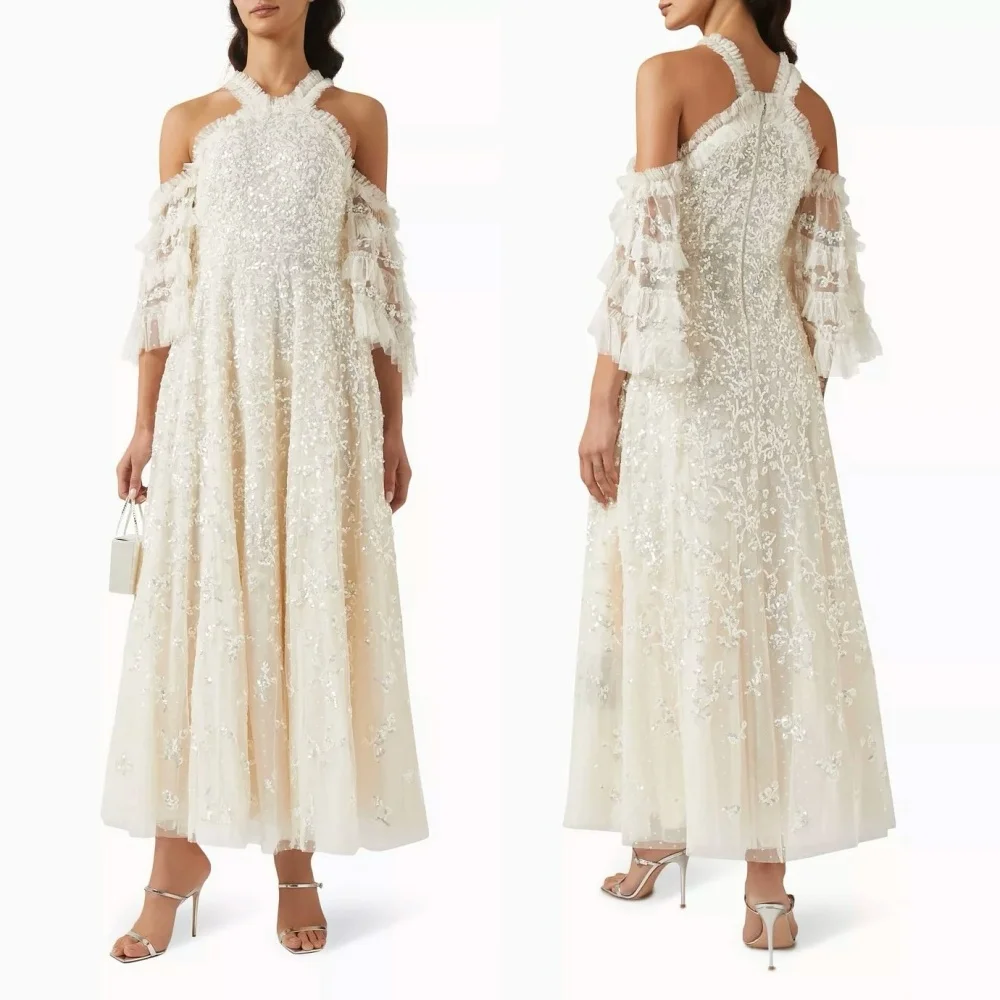 

Customized Net Sequined Pleat Off-the-shoulder A-line Midi Dresses Bespoke Occasion Sparkle Elegant Party Wedding Formal Evening