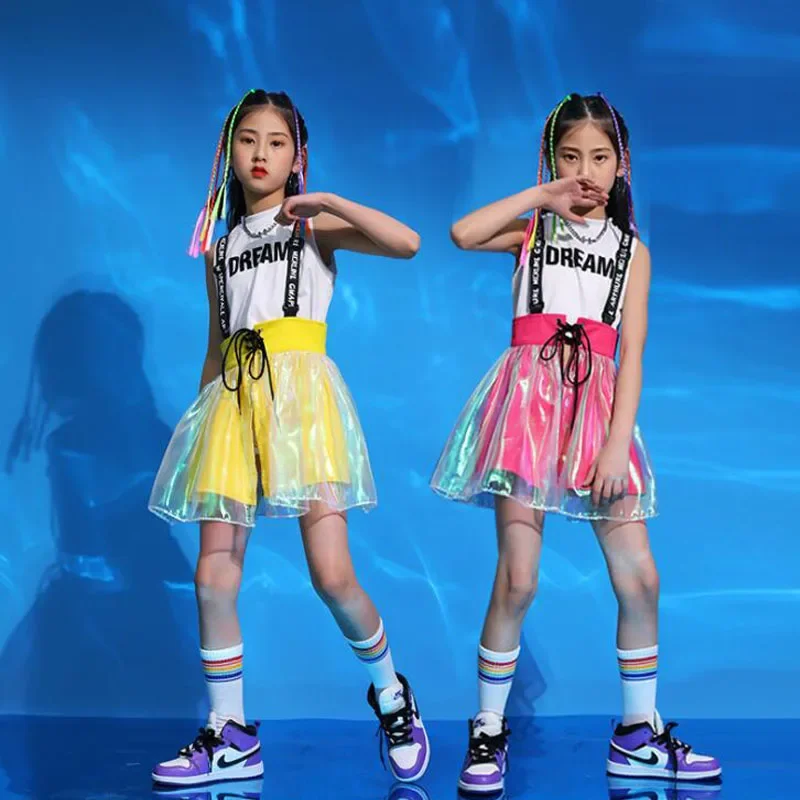 Meninas Jazz Dance Costumes, Roupas Hip Hop, Roupa de Cheerleading Performance, Street Dancing Dress Suit, Kids Modern Stage Wear