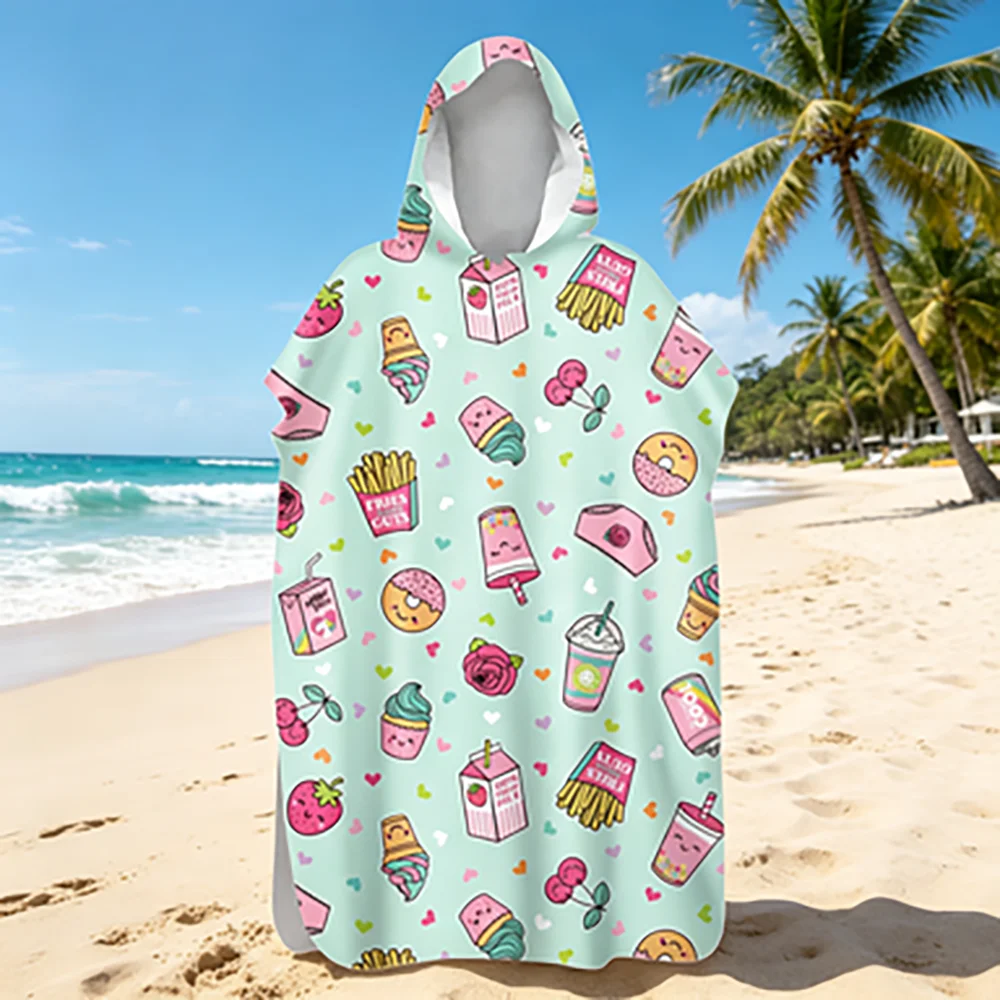 Food Pattern Hooded Quick-Dry Bathrobe Wearable Bath Towel Poncho Cloak for Swimming Beach Use Suitable for Adults And Kids