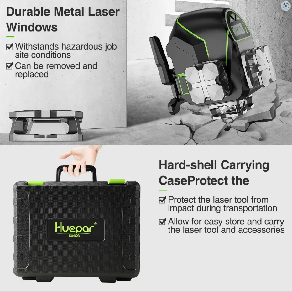 Huepar S04CG con custodia rigida, funzione Bluetooth e modalità impulso esterno Livello laser a raggio verde 4D, livello laser a 16 linee