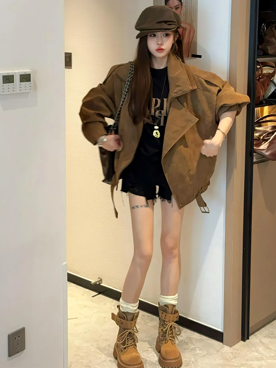 Coreano sle solto confortável feminino jaet outerwear outono novo plus size cor de café roupas da motocicleta ele faion