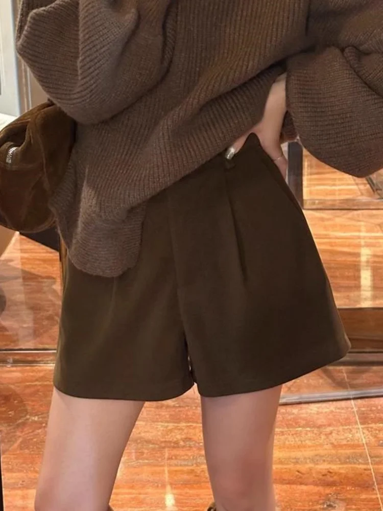 Wełniane spodnie z wysokim stanem i szerokimi nogawkami dla kobiet, jesienno-zimowe, plus size, kolor kawowy, codzienne spodnie bootcut, krój A-line, eleganckie.