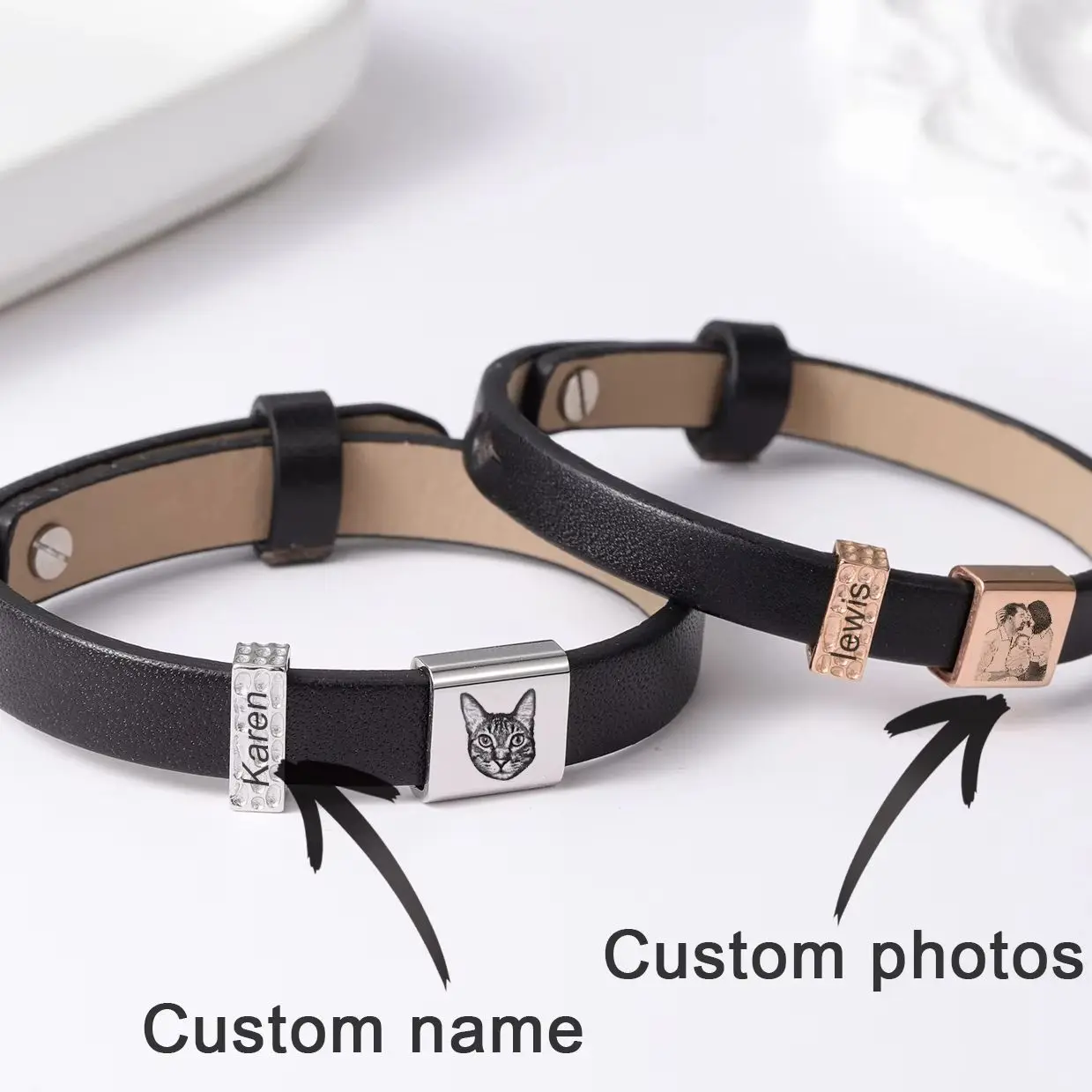

Персонализированный браслет для фотографий домашних животных, индивидуальное имя домашнего животного, кожаный шнур, мемориальный браслет, ювелирные изделия с лазерной гравировкой для фотографий для любителей домашних животных