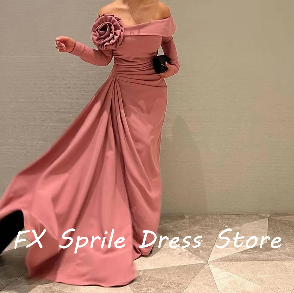Strapless Off the Shoulder Long Sleeves Flowers Straight Jersey Floor Length Sweep Train Solid Color  Evening Dress Custom Size