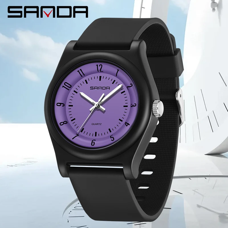 SANDA 6219 Fashion Brand Quartz Student Simple Black Purple Pink Analog Display Silicone Strap Wristwatch For Boy Girl WrisWatch