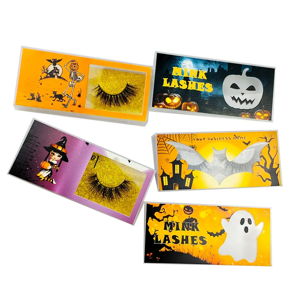 Cils Naturels Personnalisés pour Halloween, Boîte GT, Crâne, Fantôme, Citrouille Bonbon, Logo Imprimé Personnalisé, Cils Africains, Étuis en Acrylique, Vendeur