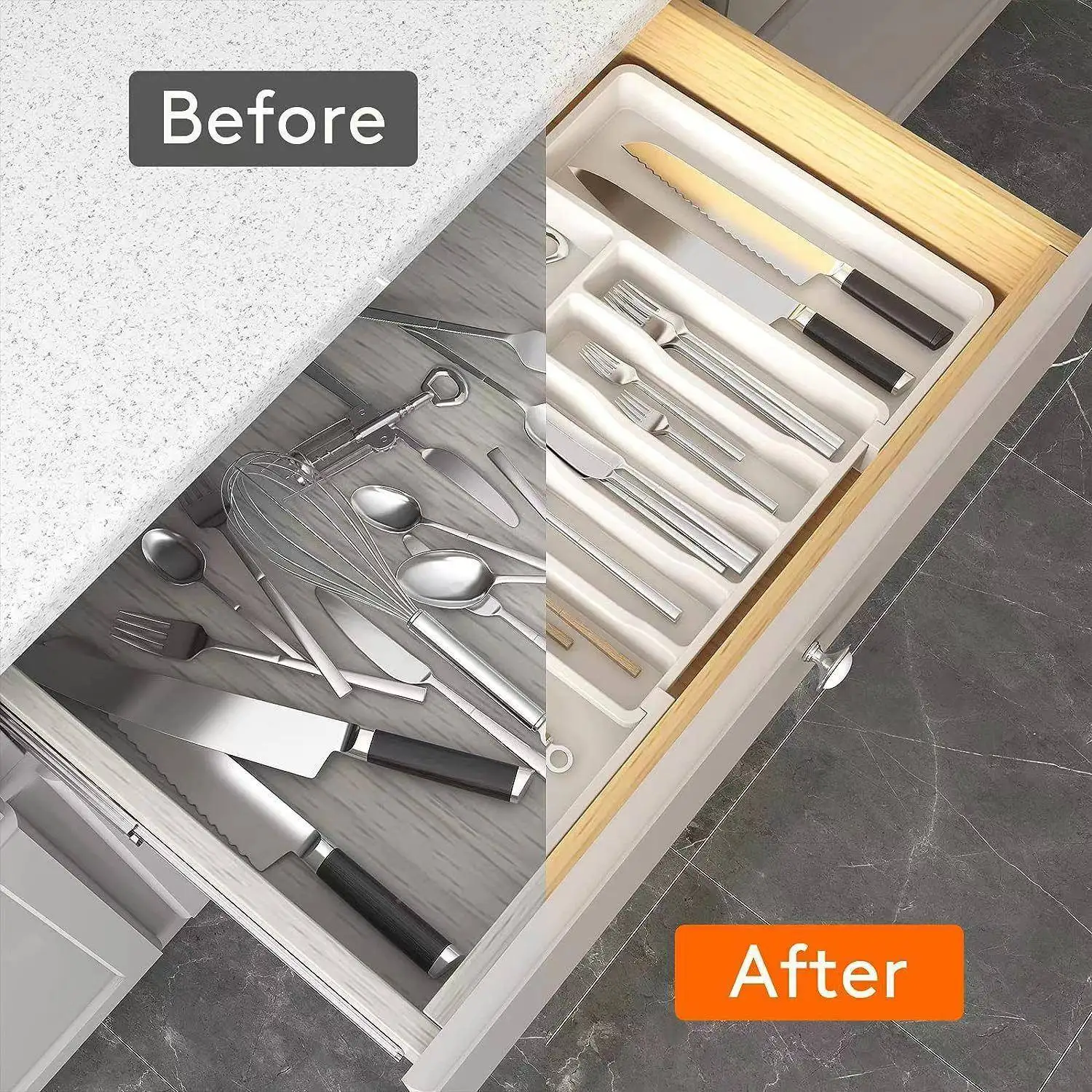 Portable Expandable Uensiray Dinnerware Storage Box Home Use Plastic Extendable Organizer Drawer for Kitchen And Bathroom