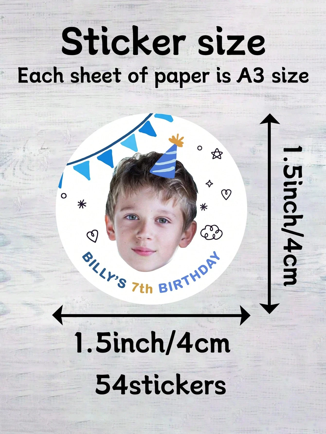 54-540Pcs Custom Photo/Name Birthday Stickers for Kids, Personalized Picture Labels, Age Party Favors, 4x4 CM Self-Adhesive