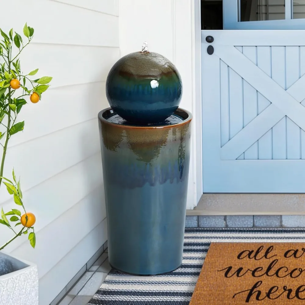 

LuxenHome 30 Bubbling Sphere Ceramic Water Fountain - Suitable for Outdoor and Indoor Use, Glazed Blue Finish, Elegant Modern De