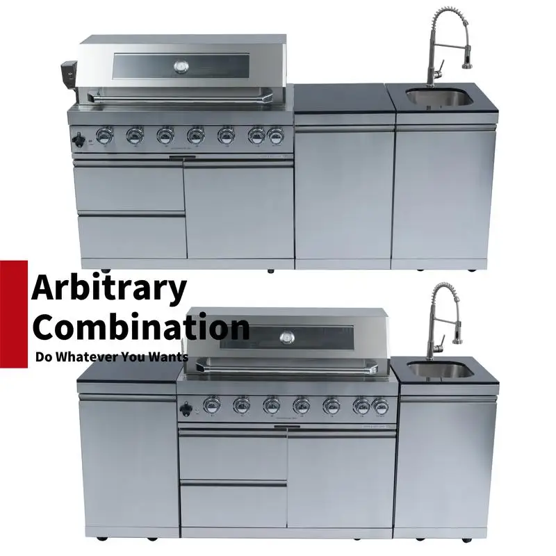 43インチ 6バーナー 85000BTU デラックス ステンレス製 ガスBBQグリル 屋外キッチンアイランド ロティサリー付き、花崗岩カウンタートップ