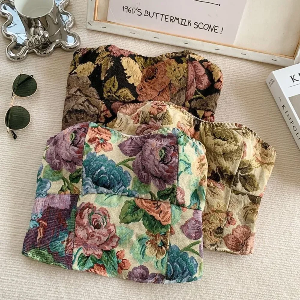 

Summer Retro Striped Camisole Sleeveless Spice Girls Tube Top Oil Painting Fragmented Flowers Backless Vest Women