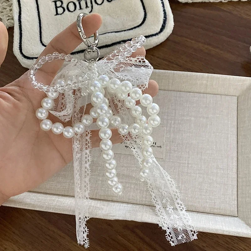 Korean Cute Lace Bow Pearl Beaded Phone Pendant Chain Accessories Aesthetic Ballet Shoes Camera Bag Decoration Keychain Gift