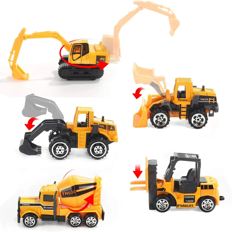 Set De 6 Vehículos De Construcción De Juguete – Mini Camiones Push And Go Con Grúa, Excavadora Y Más, Regalo Educativo Para Niños