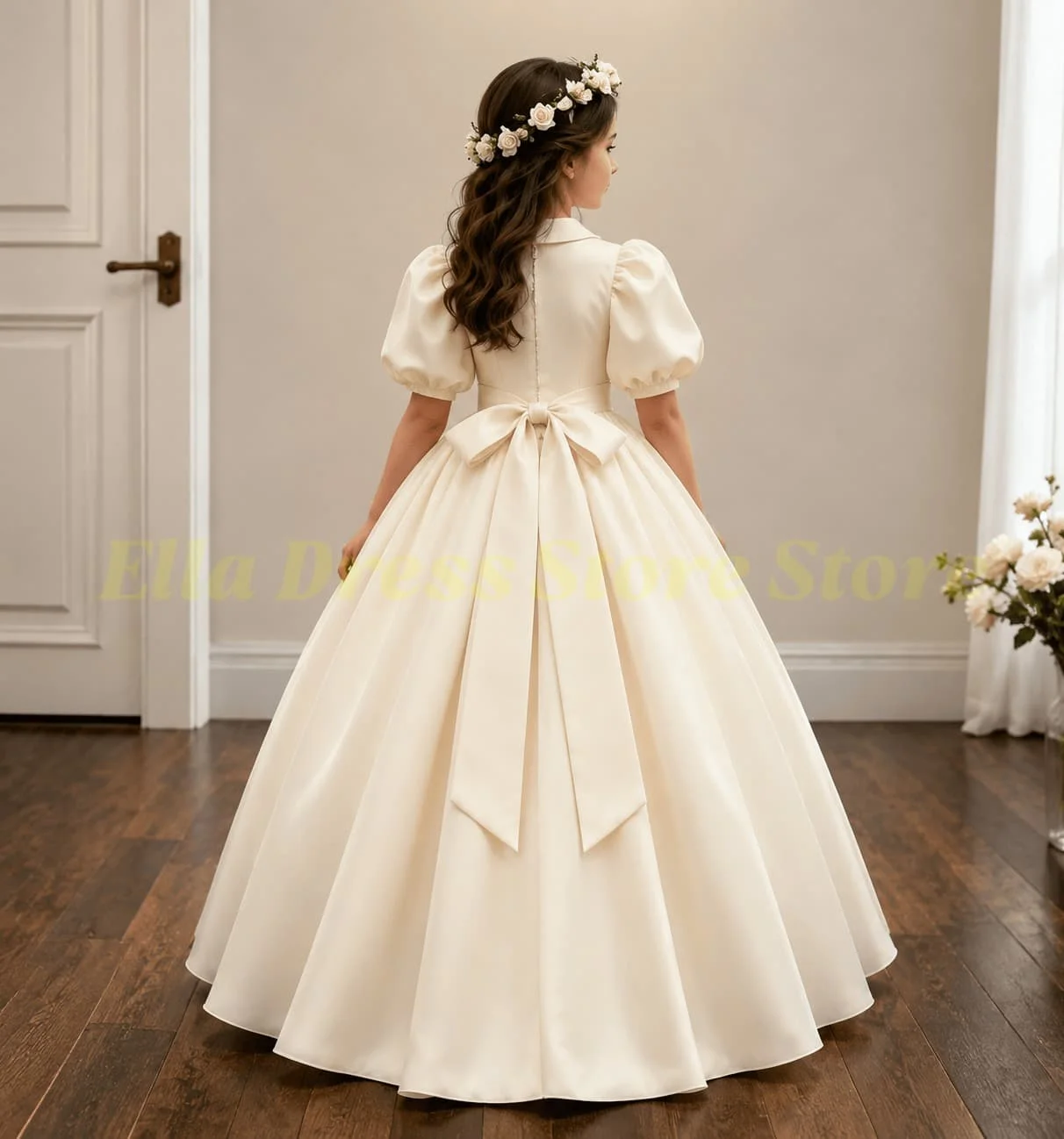 Blumenmädchenkleid für Hochzeitsfeier Kleinkinder Hochgeschlossenes Ballkleid mit Ballonärmeln Plissiertes Satin Erstkommunionkleid Maßanfertigung – Detail 2