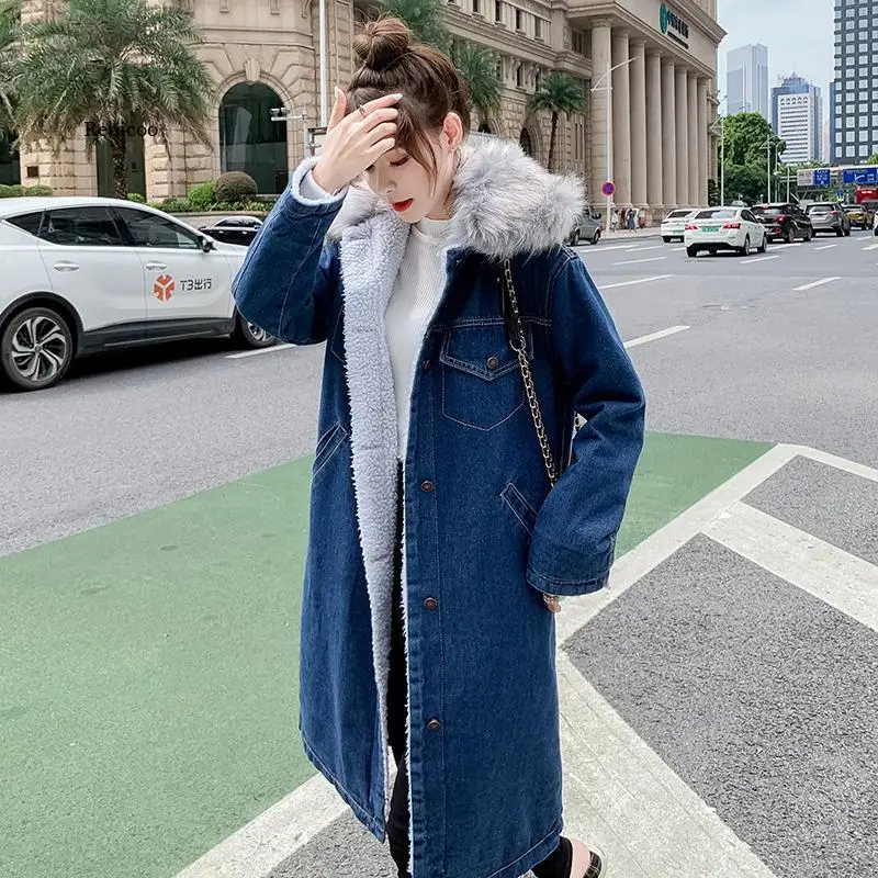 Autumn Winter Plus Velvet Denim Jacket Womens Casual Loose Jeans Coats With Fur Collar Female Long Thick Warm Cotton Parka Coat